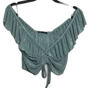 Zara Crop Top Mint Green Ruffle Off the Shoulder
